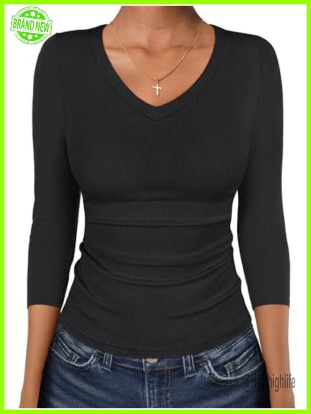 Womens Ribbed Knit V Neck Fitted 3/4 Sleeve Top Slim Fit Tee
